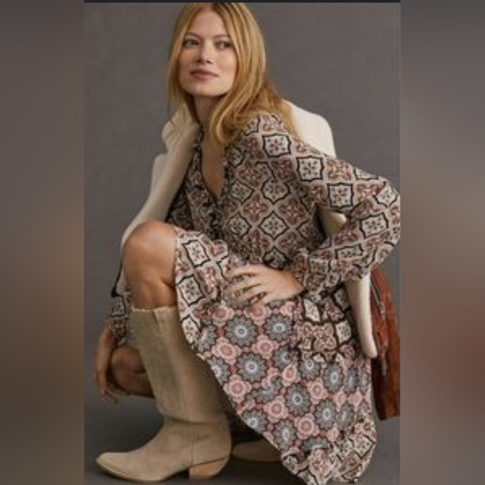 Anthropologie Patterned Print Long Sleeve Sheer Dress Womens Small